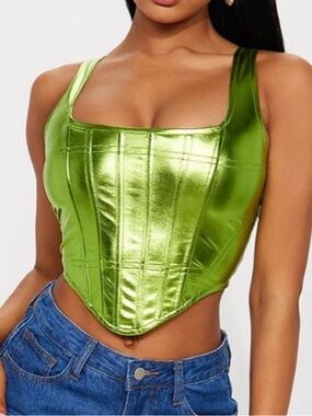 Chartreuse Y2K Metallic Corset Crop Top with Square Neck